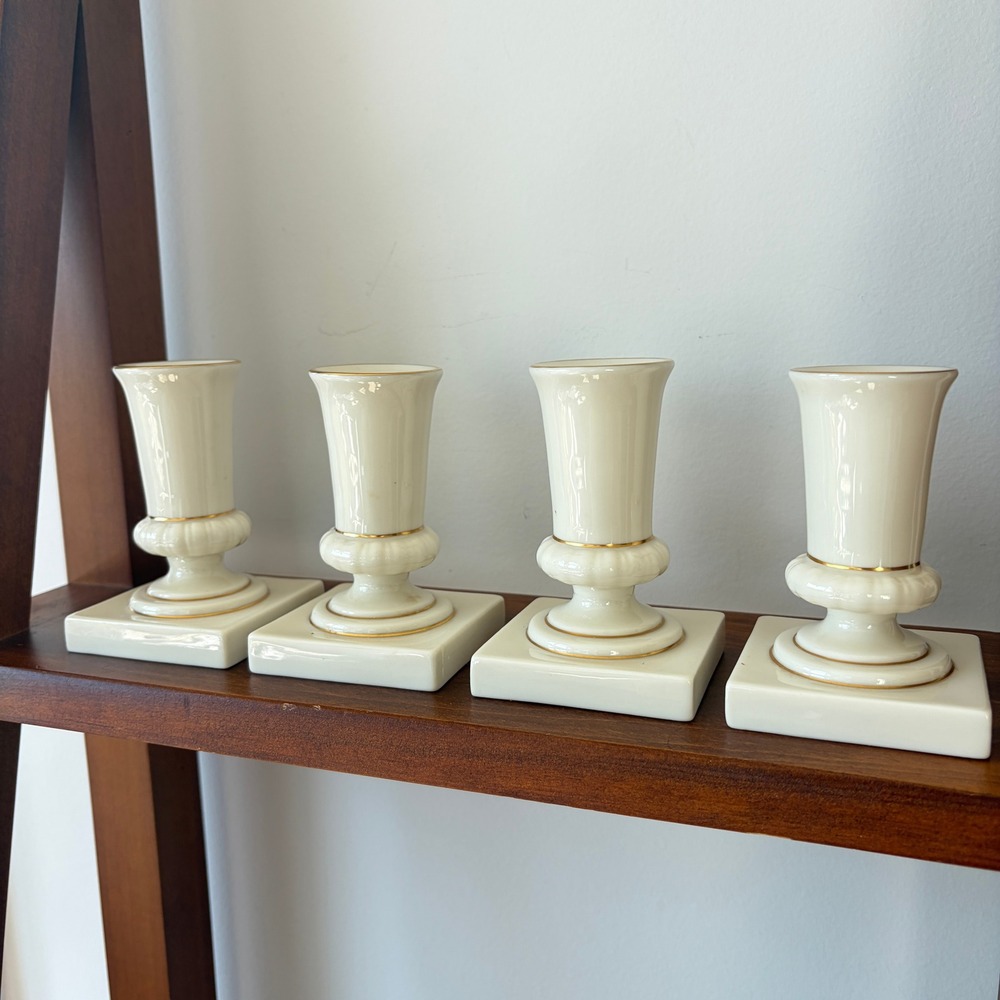 Lenox Ivory Porcelain Gold Rimmed Square Base Candlestick Holders Set of 4 USA